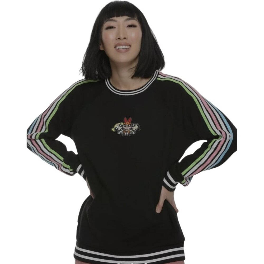 The‎ Powerpuff Girls womens rainbow sweatshirt crewneck Long Sleeve Black Sz LG